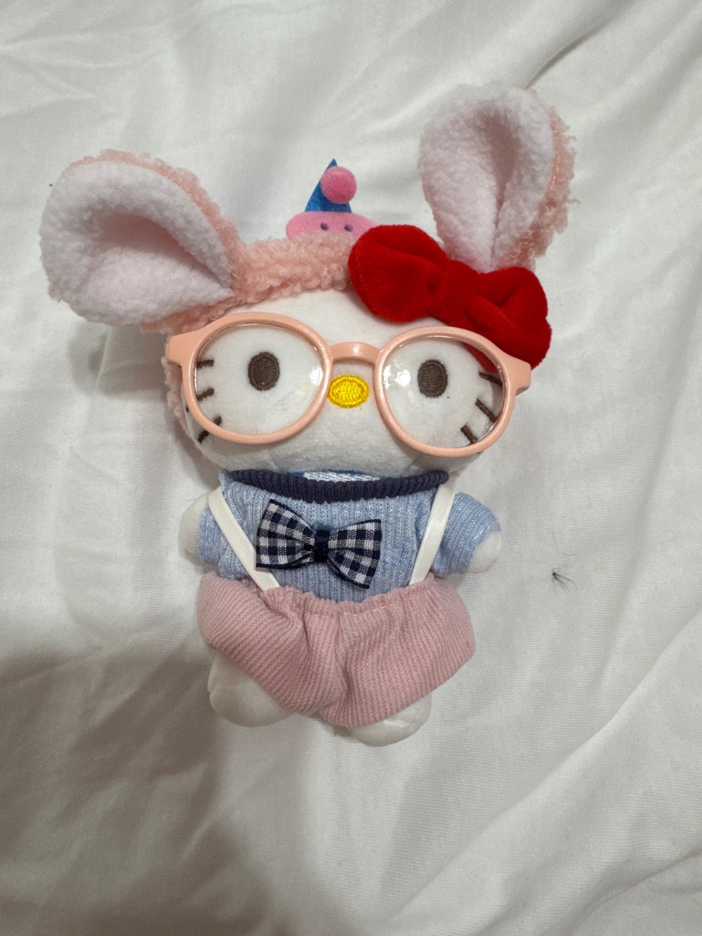 Hello Kitty Plush Bag Charm Keychain with Pink Glasses and Red Bow Accent